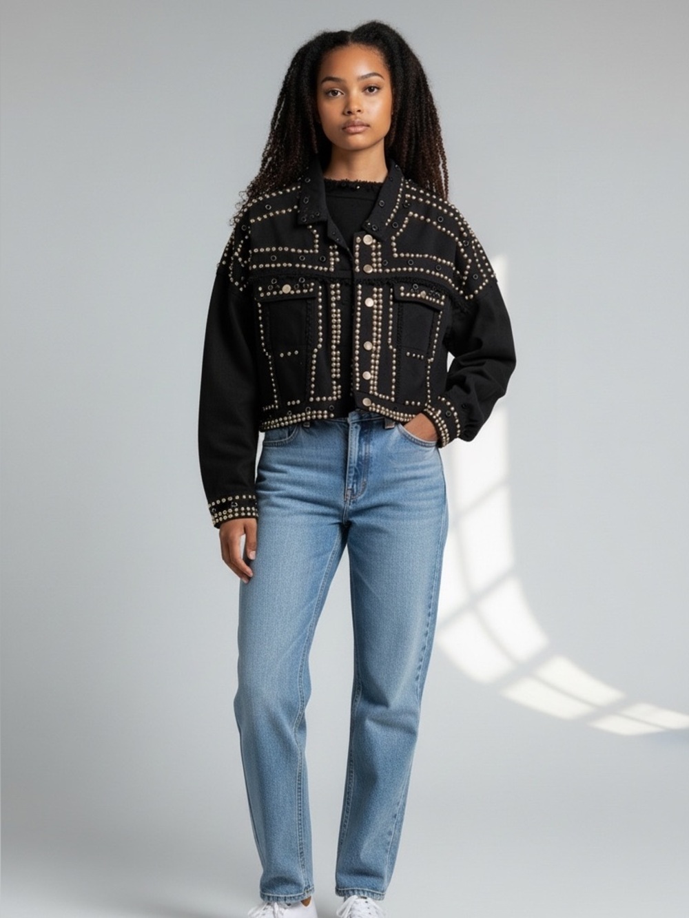 Daisy Large Studded Black Denim Crop Jacket - Edgy Heavyweight Statement Piece